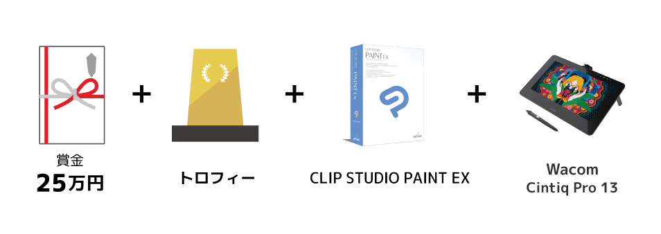 賞金25万円とトロフィーとCLIP STUDIO PAINT EXとその他副賞（後日発表）